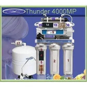 Crystal Quest 4000MP RO system detail — 17-stage filtration including multimedia block, membrane, and carbon post-filter