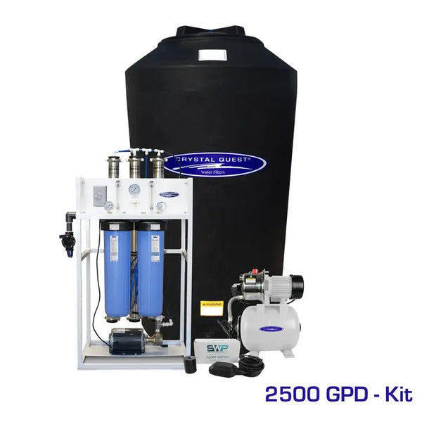 Crystal Quest Commercial Reverse Osmosis Filtration System 2500 GPD with 165 Gallon Storage Tank Kit — commercial reverse osmosis system producing high-purity water