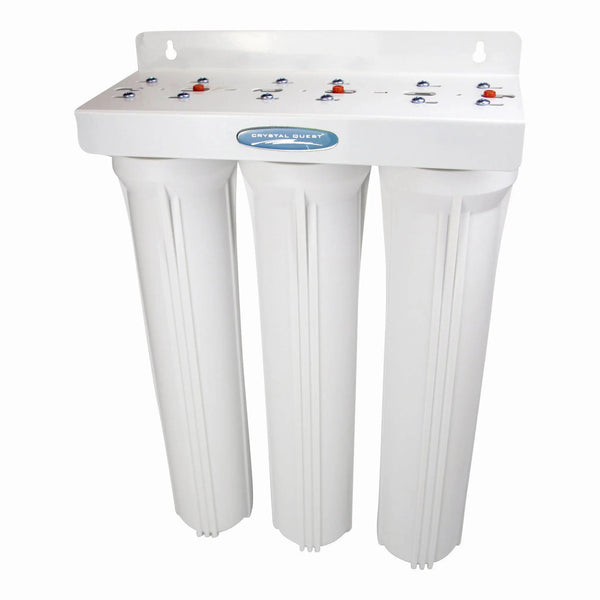 Crystal Quest Commercial 20" Triple Cartridge Water Filter side view — commercial inline water filter for multi-stage point-of-use filtration