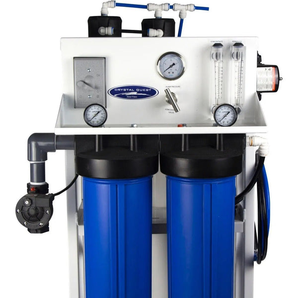 Crystal Quest Commercial Reverse Osmosis 2,500 GPD Water Filter System side view — commercial reverse osmosis system producing high-purity water