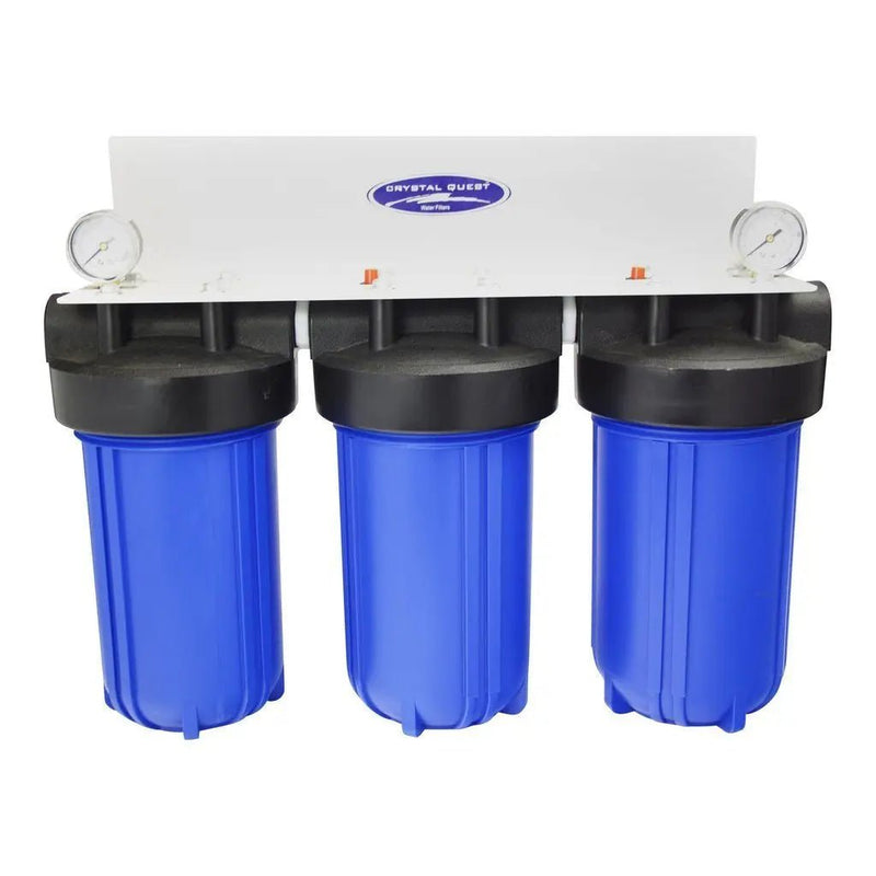 Crystal Quest whole house compact triple water filter — three-stage sediment and carbon filtration for whole home water treatment